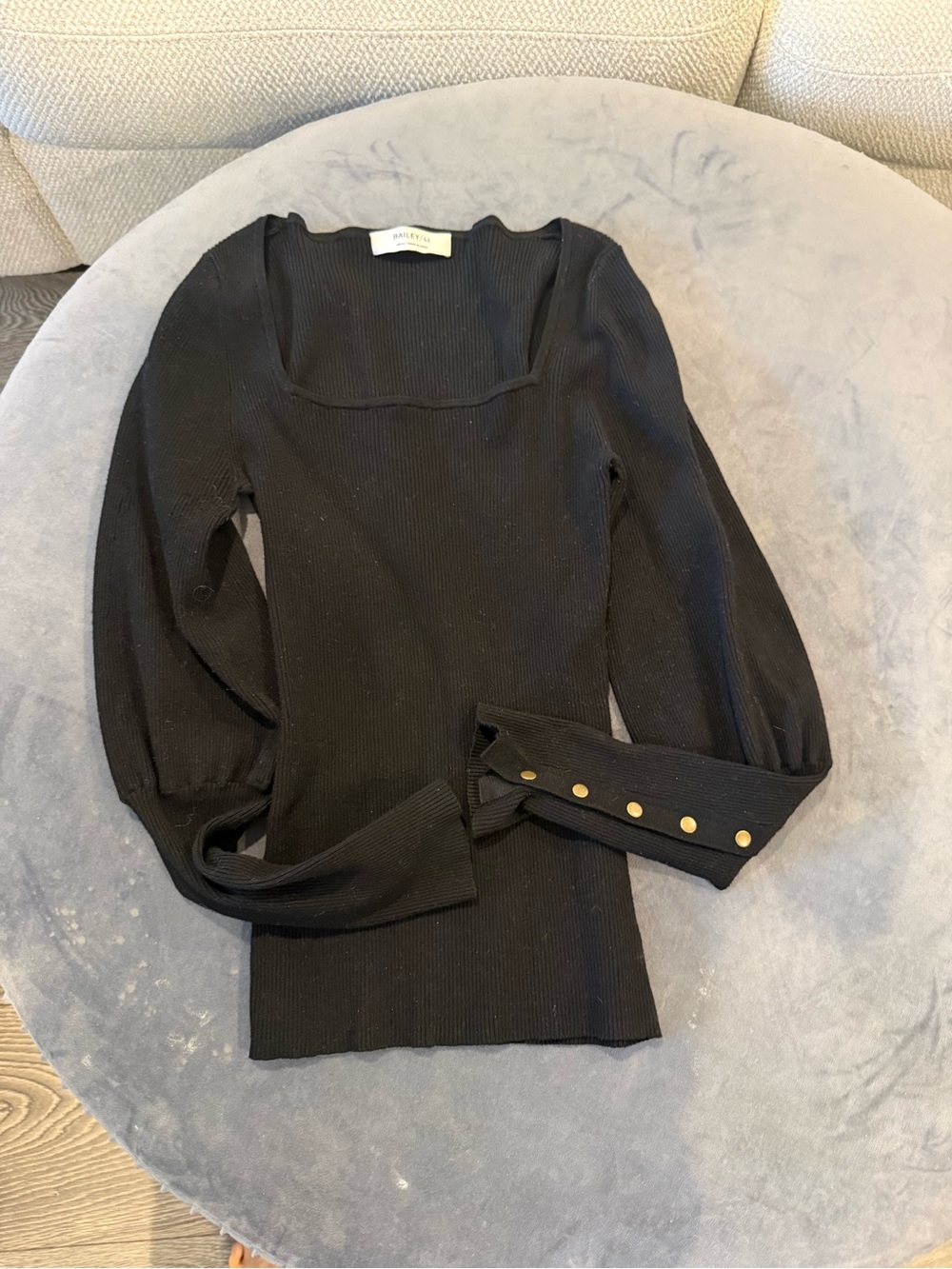 Bailey 44 Black Ribbed Square-Neck Long Sleeve Top with Gold Accent Buttons